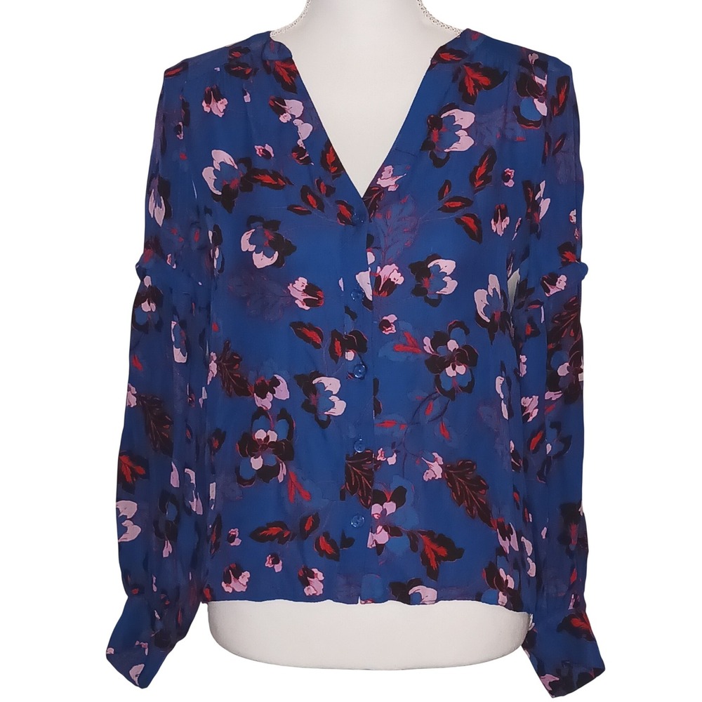 Parker Blue Floral Print V Neck Button Front Long Sleeve Blouse Top‎ Size XS